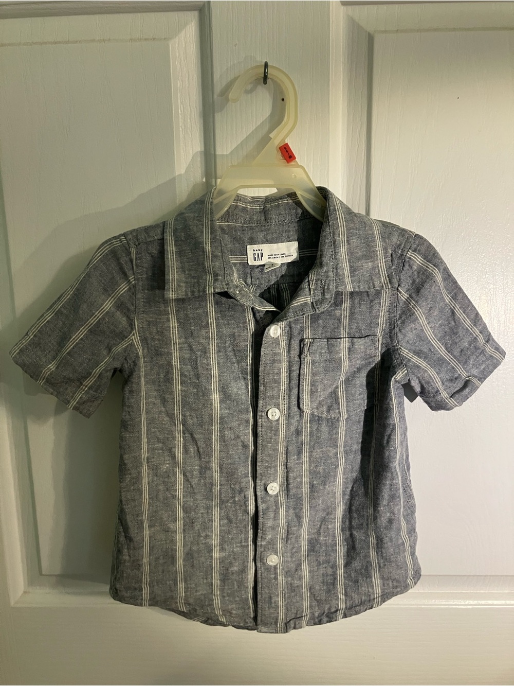 GAP Boys' Short Sleeve Blue & White Linen Blend Stripe Button-Down Shirt